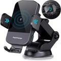 Black car wireless charging stand with 15W fast charging, shown with air vent clip and dashboard tripod mounting options.
