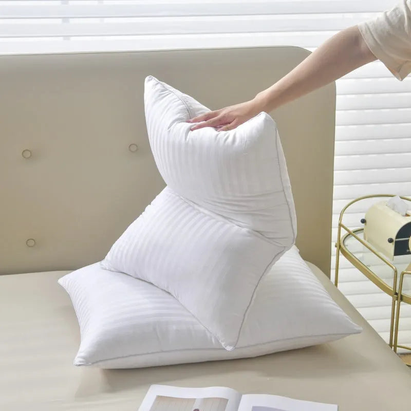 White hotel cotton satin stripe pillow with feather and cotton filling showing 2cm stripe detail