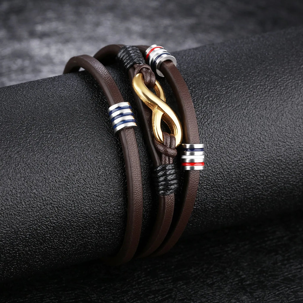 Men's geometric leather bracelet with titanium steel electroplating finish
