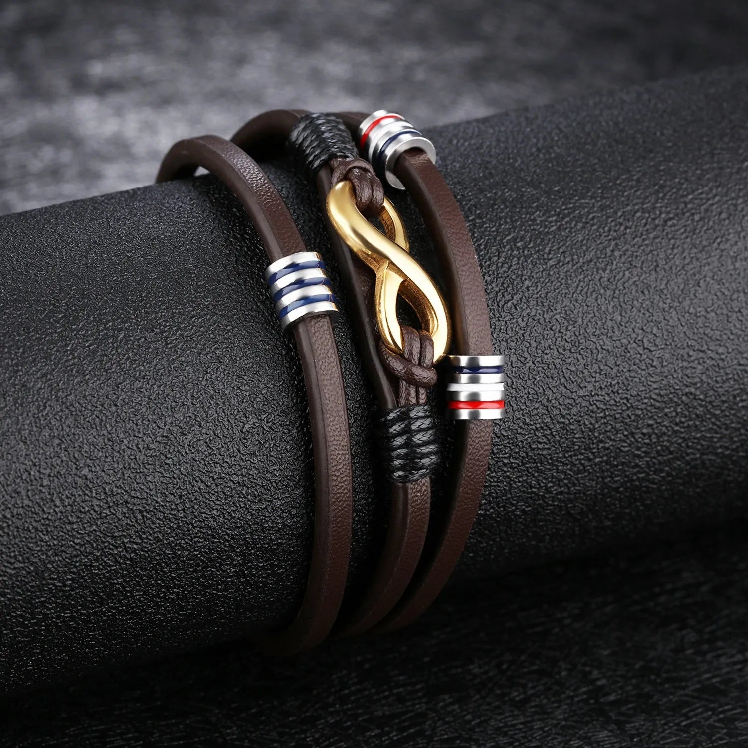 Men's geometric leather bracelet with titanium steel electroplating finish