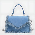 Retro tassel mini crossbody bag in denim blue, PU material, crossbody strap, compact size for women's daily use