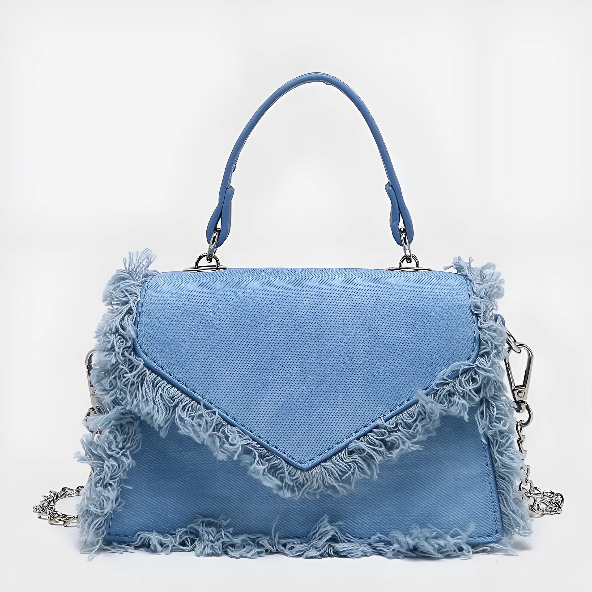 Retro tassel mini crossbody bag in denim blue, PU material, crossbody strap, compact size for women's daily use