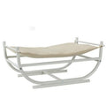 Iron cat hammock pet sofa bed with simple semicircle design, available in milk tea, white, and chocolate colours.