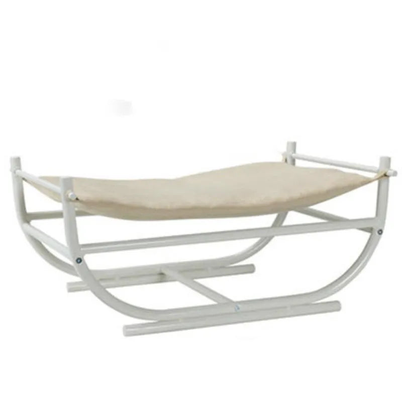 Iron cat hammock pet sofa bed with simple semicircle design, available in milk tea, white, and chocolate colours.