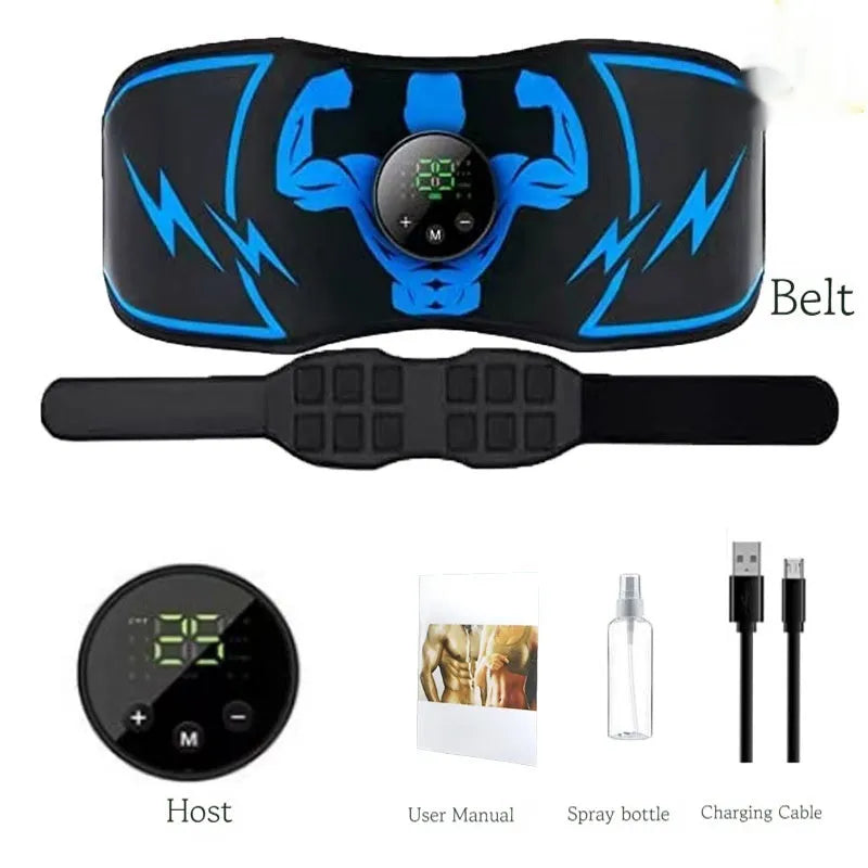 Blue EMS abdominal muscle stimulator with rechargeable battery, wireless remote, belt, and arm stickers