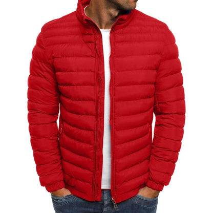 Insulated men's jacket in various color options with features like zippered pockets, long sleeves, and padded lining for warmth and versatility