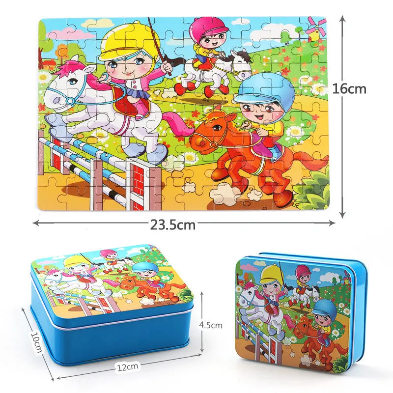 80-piece wooden educational puzzle set for children with animal designs in an iron storage box