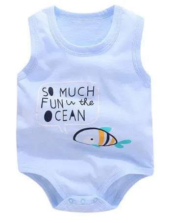Sleeveless baby vest romper in cotton with colourful animal and character prints for infants