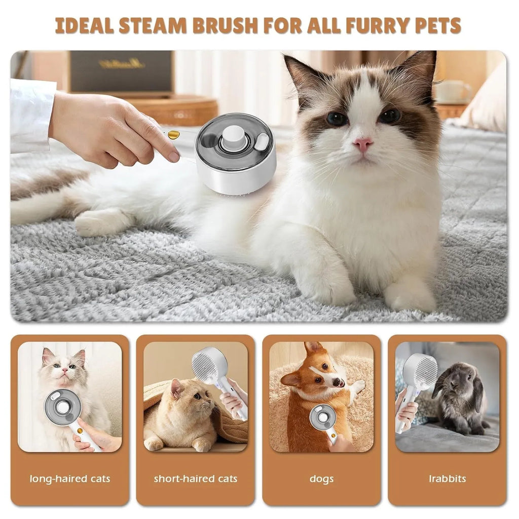 Pink and white cat grooming steam brush with mist function, rounded head, and stainless steel bristles.