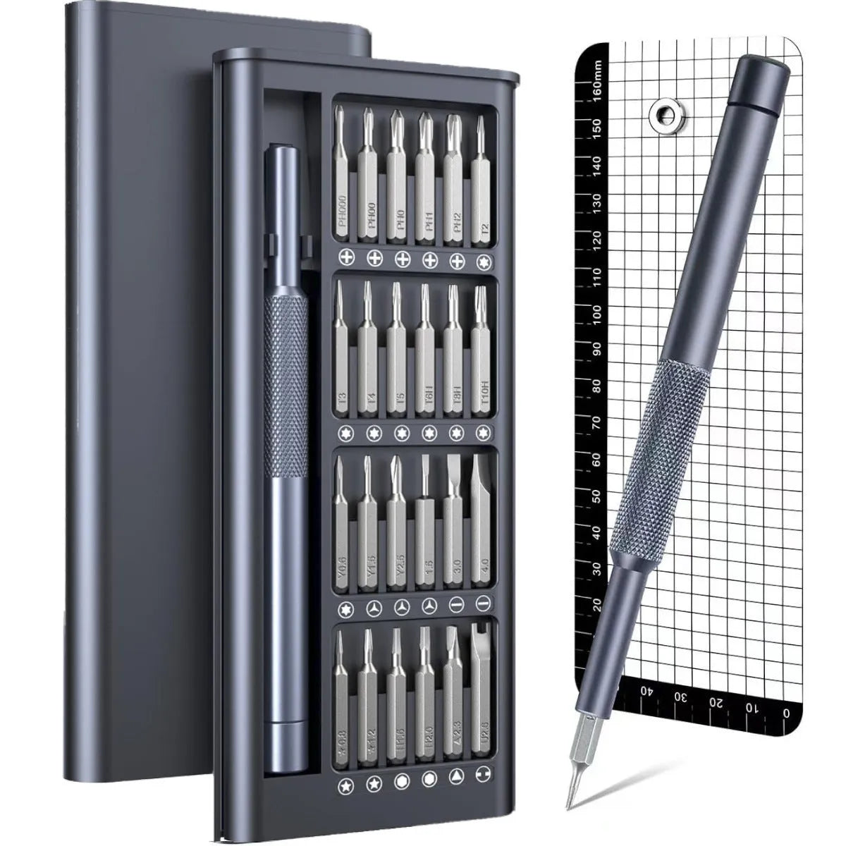 25-in-one magnetic screwdriver set with knurled handle, showing precision bits and a length of 110 mm.