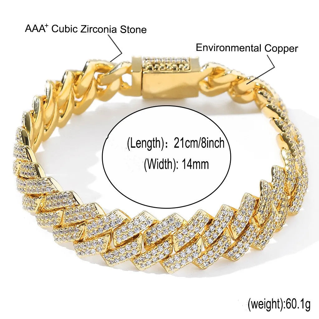 Gold finish 14mm bar Cuban copper chain with micro-inlaid zircon stones on white background