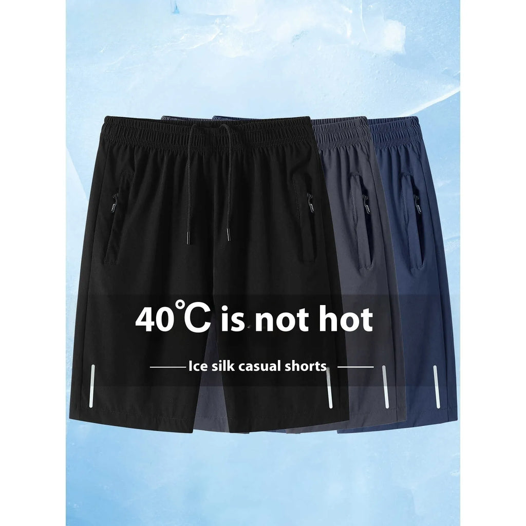 Men's thin ice silk quick-dry polyester running shorts in black, straight cut, front view