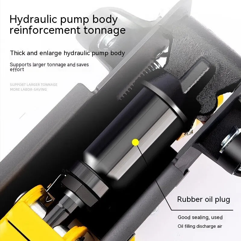 Horizontal hydraulic low car jack with handle for tyre changes on low-clearance vehicles