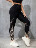 Women's high waist cropped yoga leggings with side pocket in leopard print style.