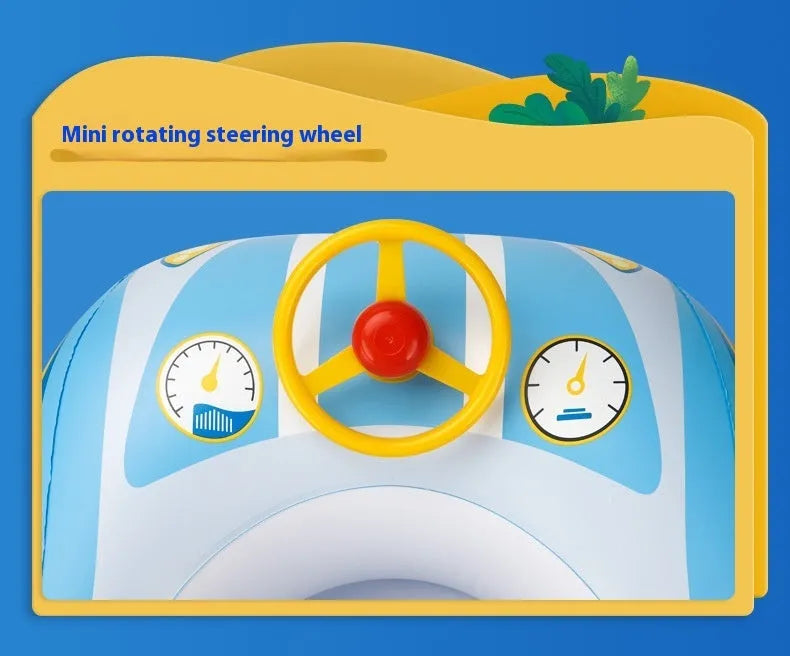 Pink children's inflatable swimming ring with mini steering wheel and sports car boat cartoon design