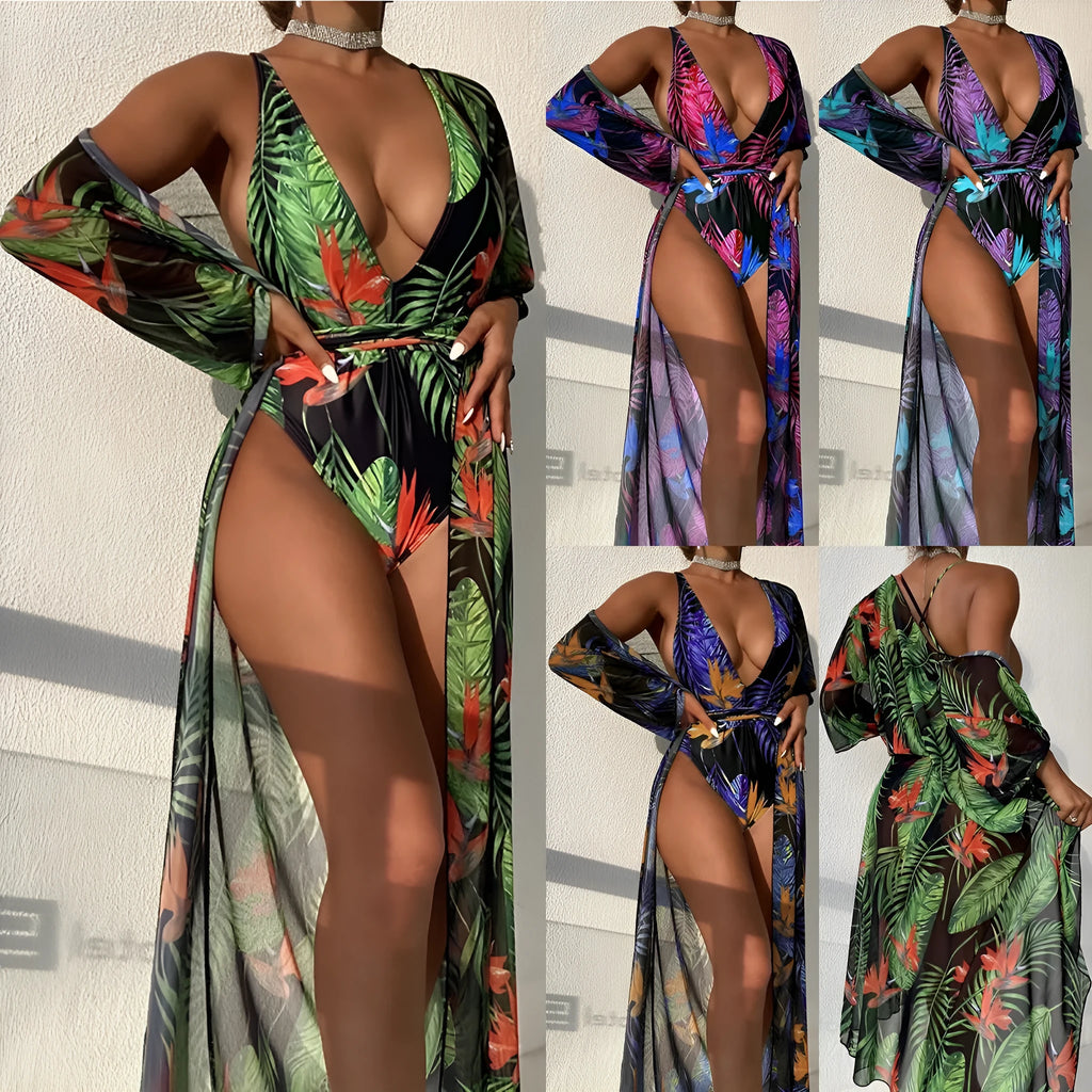 Women's patterned bikini one-piece swimsuit and matching coat set on a mannequin.