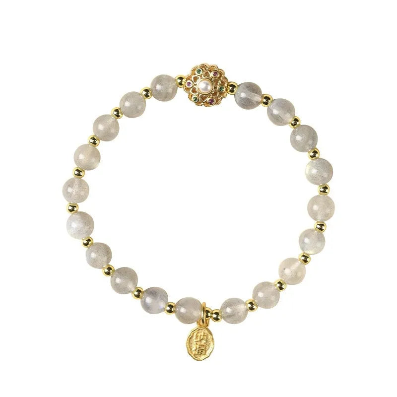 Gray moonstone crystal bracelet hand-woven with peach blossom strawberry quartz and pink sunstone 6mm beads