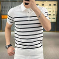 Striped lapel knitted T-shirt in black and white colour options showing polyester blend fabric