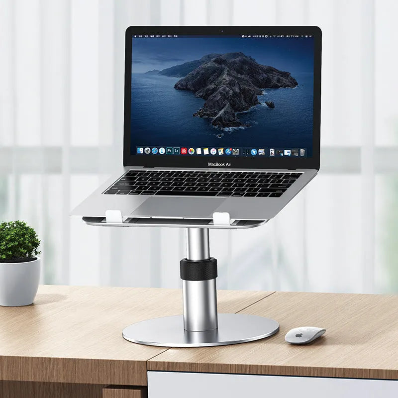 Silver adjustable car laptop stand with aluminum alloy frame and non-slip silicone pads.