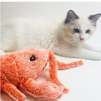 USB rechargeable jumping lobster cat toy with motion-activated swaying and flipping action, made of soft plush fabrics