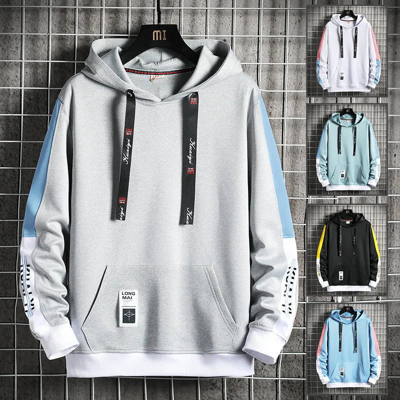Men's casual printed loose long sleeve hooded top in polyester, letter pattern, sizes M-4XL