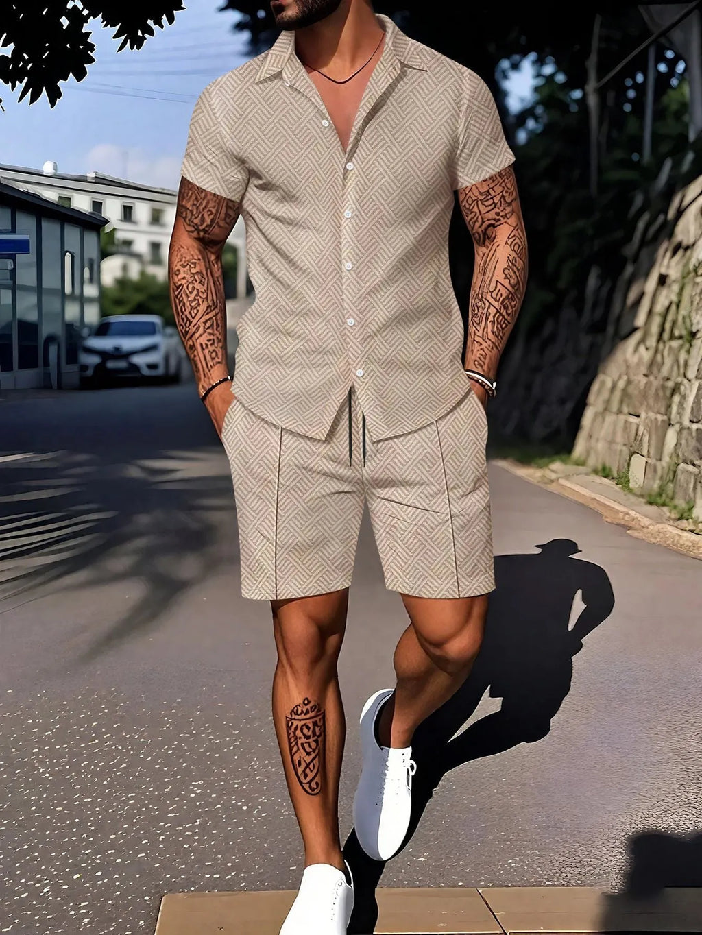 Men's digital print short sleeve casual suit set with matching shorts on a neutral background