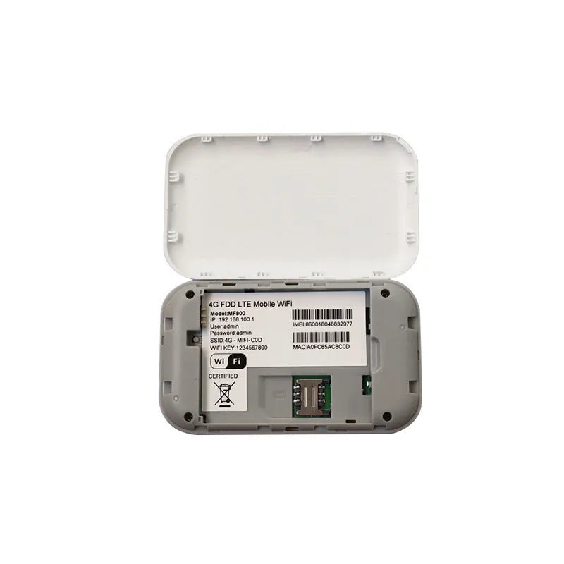 White plastic 4G 3G portable wireless router on a table, compact size 9.8 x 5.3 x 0.8 cm