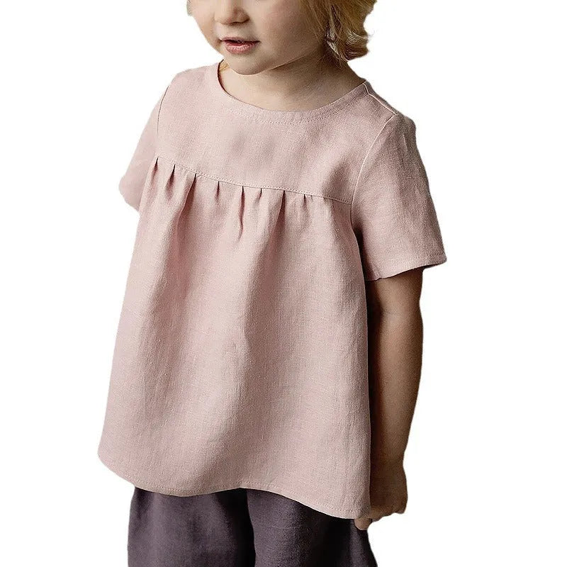 Mori style cotton and linen blend short-sleeved t-shirt for girls, solid colour, available in white apricot pink, sizes 90-130cm