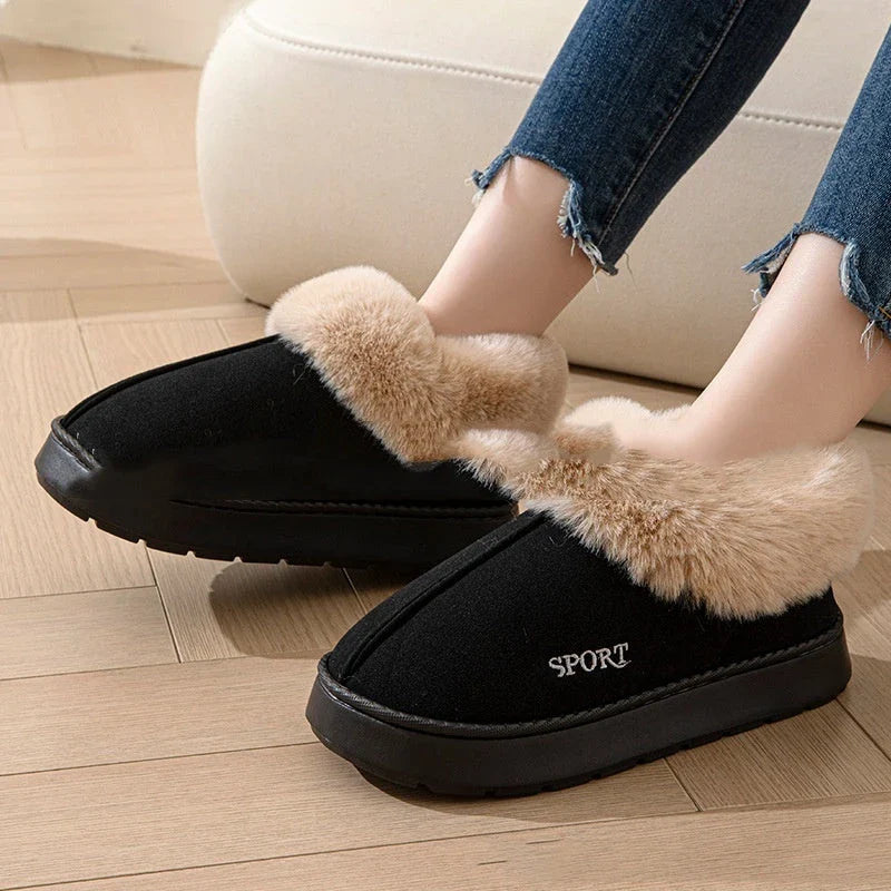 Cozy plush slippers with faux fur lining, non-slip platform, and comfortable fit for indoor wear