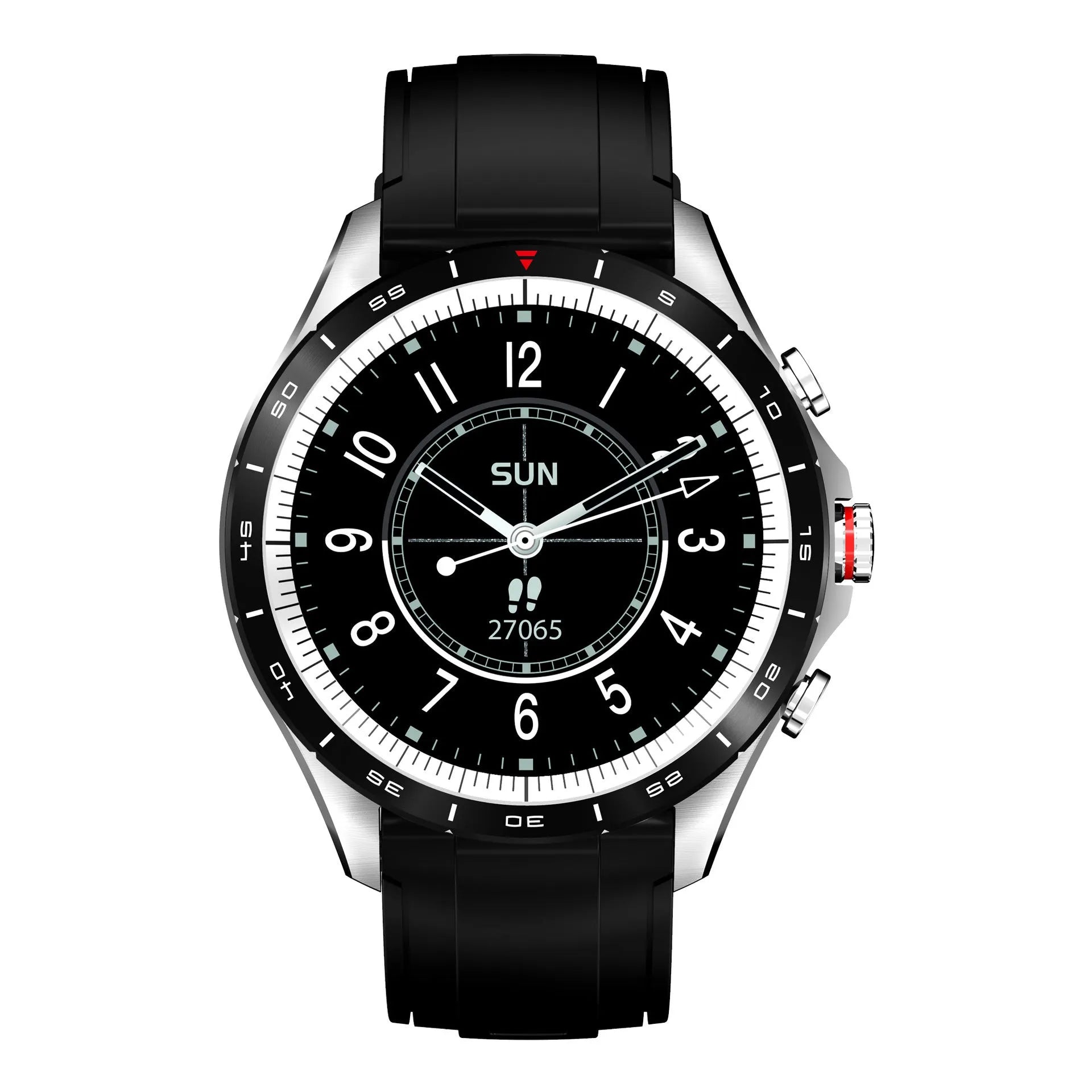 Men's smart bracelet watch with zinc alloy case and black silicone wristband, showing touch screen display.