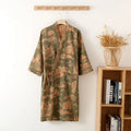 Men's dark blue cotton gauze kimono long dress bathrobe lying flat showing full length