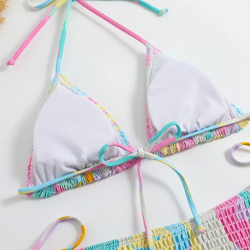 Women's triangle bag bikini with printed floral gradient pattern and smocking craft detailing