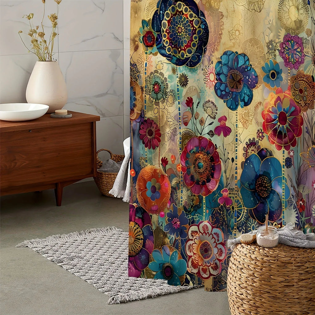 Retro creative flower waterproof polyester shower curtain for bathroom decoration, colour sfq-ys1, with 12 hooks
