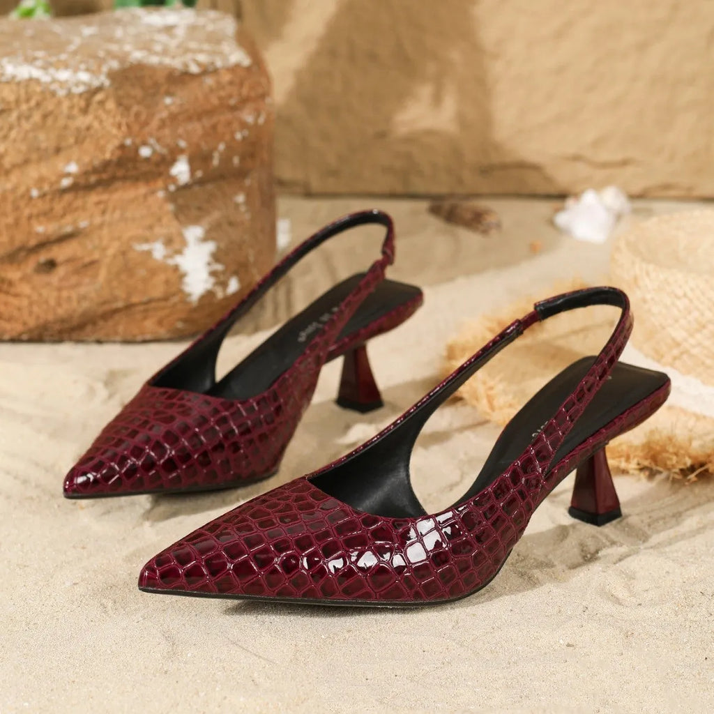 Black pointed toe slingback high heels with crystal pattern, cat heel and elastic band, mid heel 3-6cm