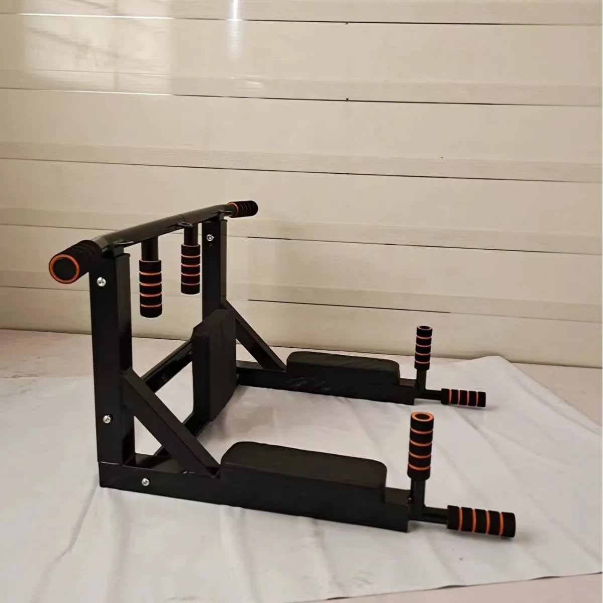 Black wall-mounted single parallel bars fitness rack for pull-ups and sandbag training