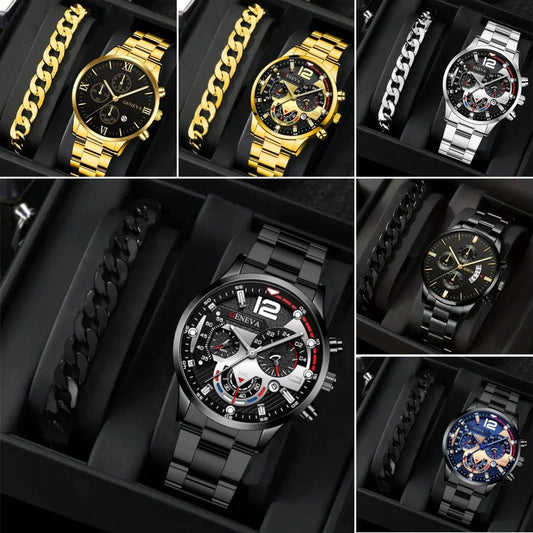 Stylish men's fashion watch and bracelet set with stainless steel case and leather strap, perfect for Valentine's Day gift