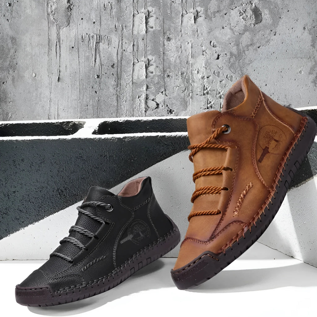 Men's leather high-top casual shoes in army green with front lace-up and round toe design