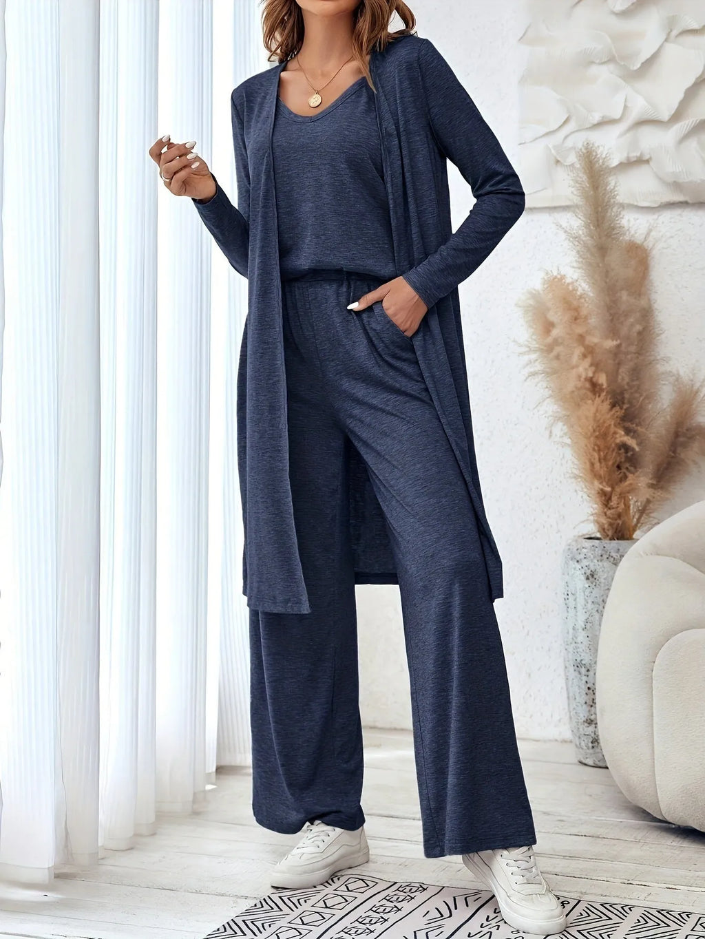 Women's blue polyester three-piece casual suit with trousers, top and matching suspenders in Japanese Korean style