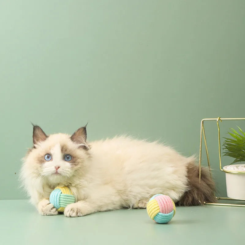 Handmade plush cotton ball cat toy in blue powder, green blue, or pink green colours, 5cm diameter