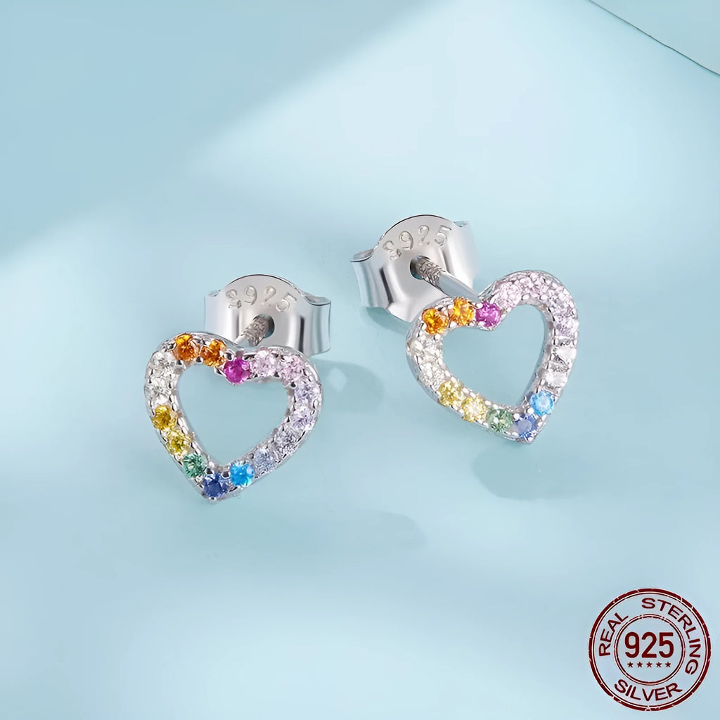 S925 sterling silver heart-shaped zircon stud earrings in colour SCE1945 with electroplated finish, supplied as a pair for women