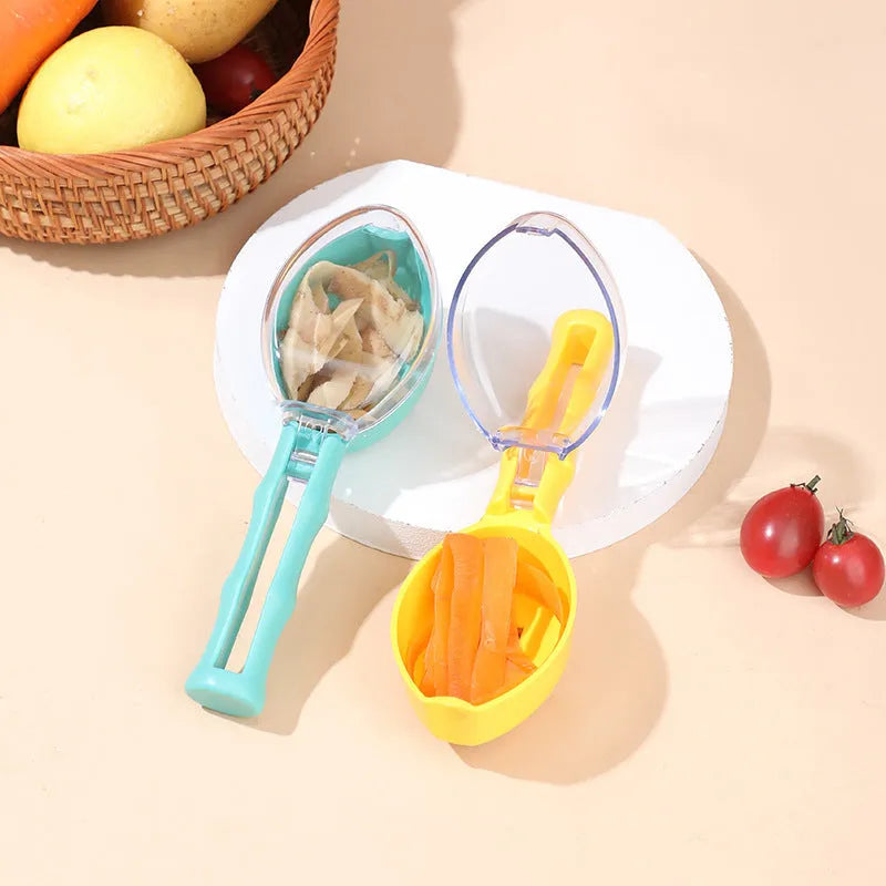 Yellow peeling knife with storage lid showing stainless steel blade and polypropylene handle