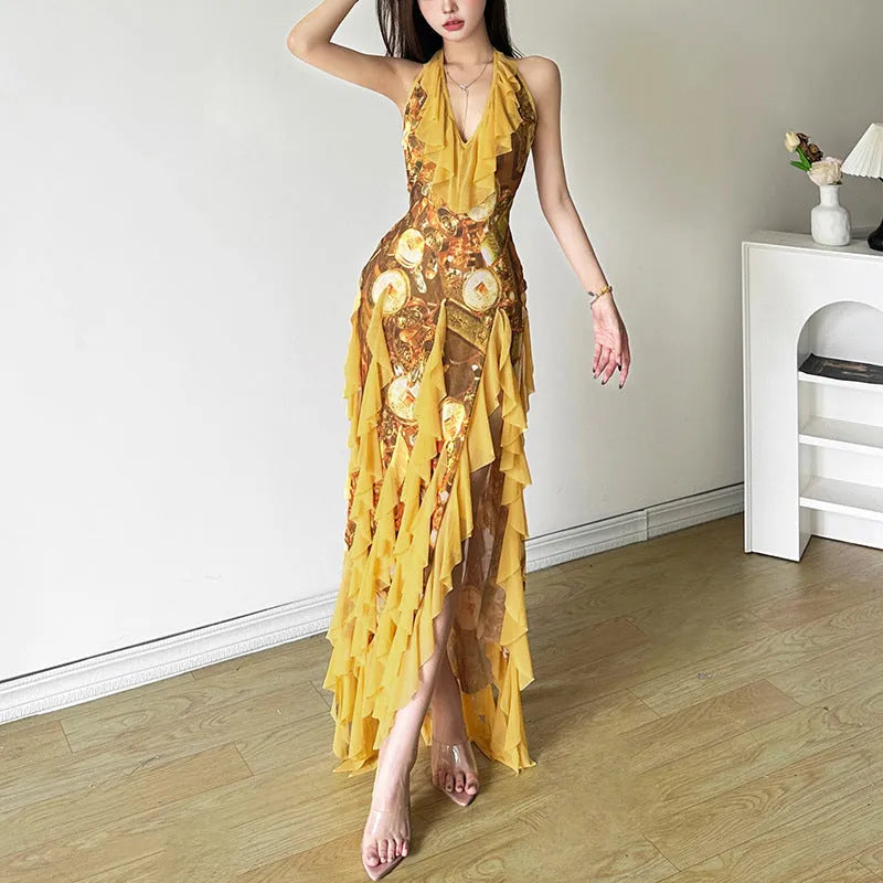 Yellow A-line halter suspender dress with ruffled straps, long length, high waist, women's street fashion