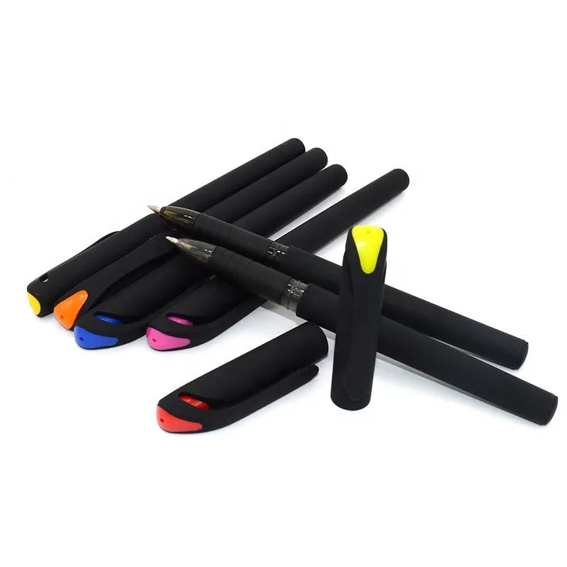 10 plastic gel pens in various colours showing 14cm length with black ink refills for advertising gifts