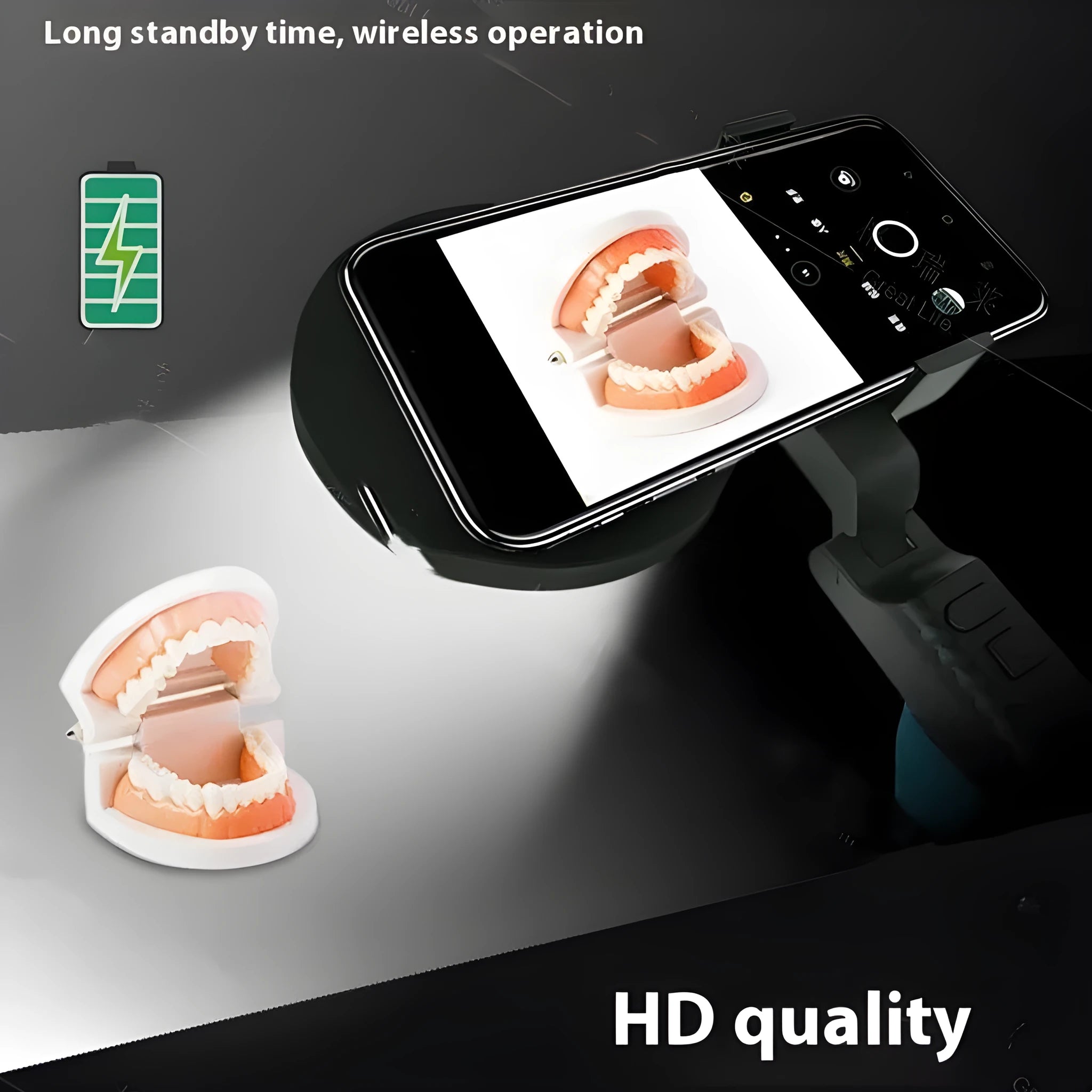 Black handheld LED fill light for mobile phone photography showing front view.