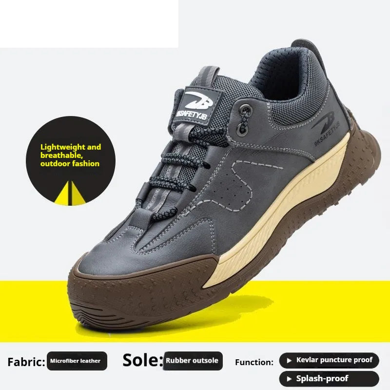 Flyknit safety work shoes in brown with leather upper and rubber sole