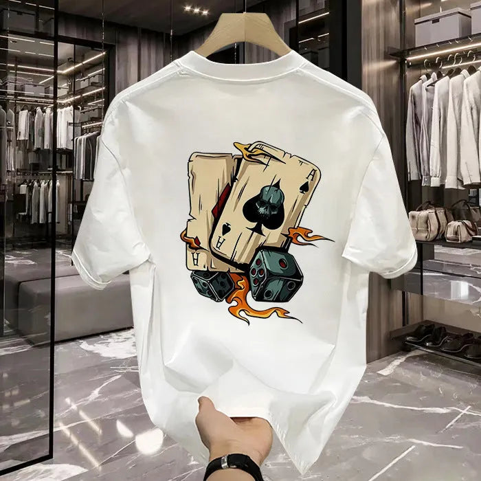 Men's black and white heavy cotton short-sleeved t-shirt shown in multiple sizes