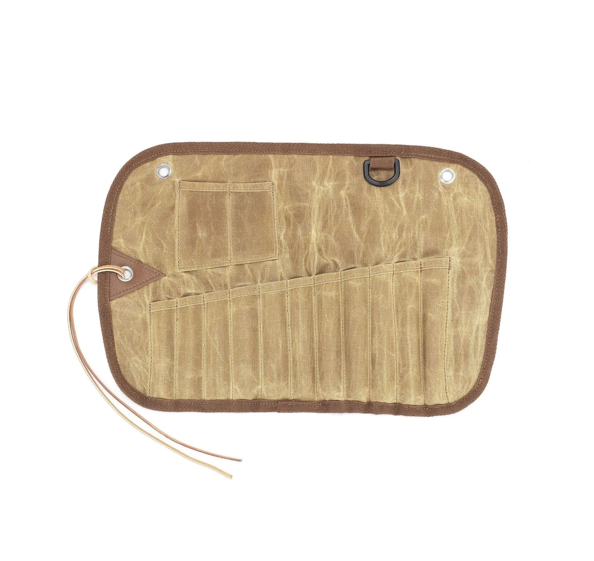 Waxed canvas portable storage bag containing a wooden handle knife, fork, spoon, butter knife, and chopsticks for outdoor dining.