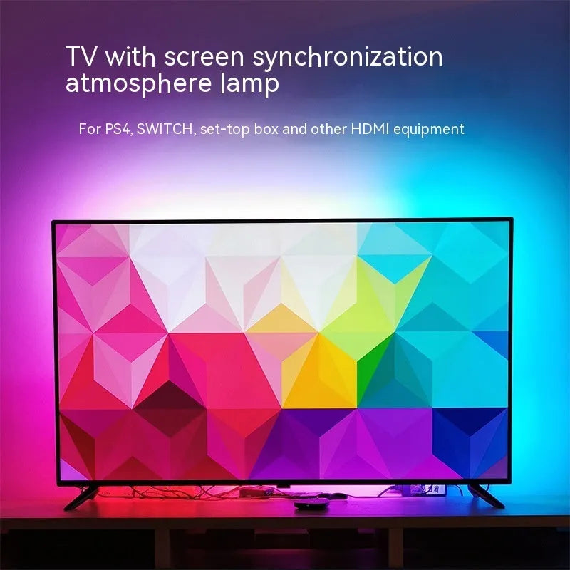 TV sync ambience light strip with colourful LED lighting installed behind television