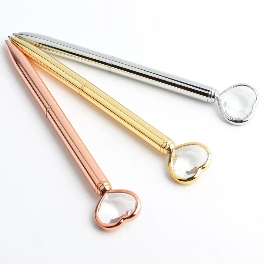 Creative Crystal Love Ball Diamond Metal Pen in gold, rose gold, and silver colours.