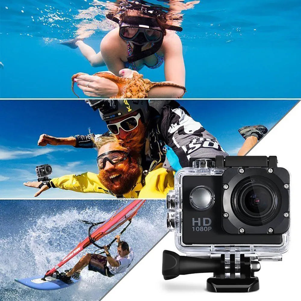 HD 1080P waterproof action sports camera in black with 140-degree wide-angle lens and 30m depth rating